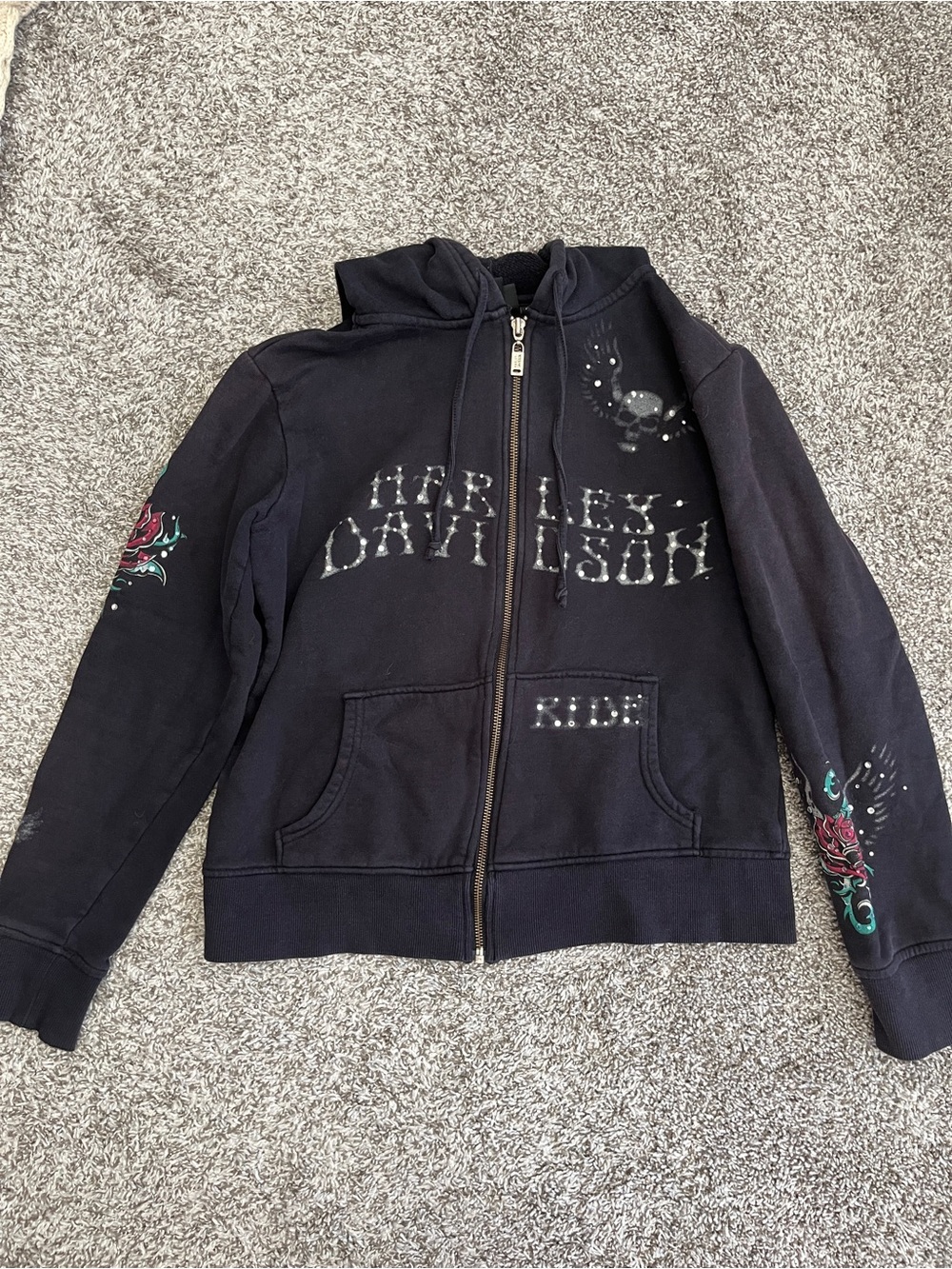 Harley-Davidson Black Rhinestone Skull and Rose Zip Up Hoodie
